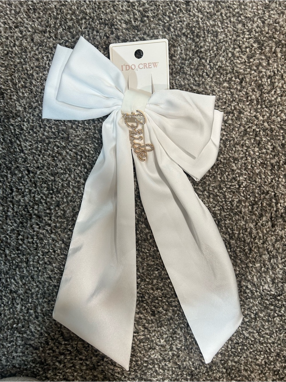 I Do Crew White Satin Bow Clip with Gold 'Bride' Charm